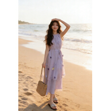 批发2026夏季新品网纱挂脖不规则无袖<b class='q'>连衣裙</b>时尚沙滩风宽松仙女裙