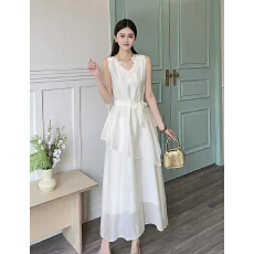 批发2026新款法式蕾丝拼接无袖女装连衣裙夏季新款高级感收腰长裙