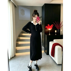 批发孕妇针织连衣裙秋<b class='q'>冬</b> Polo翻领宽松大码孕妈长裙 不勒肚显瘦中