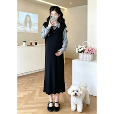 批发学院风孕妇连衣裙秋<b class='q'>冬</b> 翻领长袖内搭+V领背心裙假两件套宽松裙
