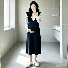 批发孕妇秋装套装韩系木耳边背心连衣裙针织长袖内搭假两件套显瘦