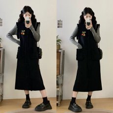 批发韩系温柔风木耳边马甲长裙宽松显瘦大口袋背心裙内搭针织打底套装