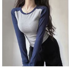批发<b class='q'>欧美风</b>撞色复古洋气女内搭上衣2025秋季修身打底衫长袖<b class='q'>T</b><b class='q'>恤</b>潮