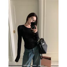 批发秋冬季紧身正肩小众拼接软糯打底衫内搭上衣长袖T恤女