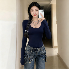 批发<b class='q'>欧美</b>性感弹力U领修身长袖<b class='q'>T</b><b class='q'>恤</b><b class='q'>女</b>内搭打底衫正肩冬季方领上衣<b class='q'>女</b>外穿