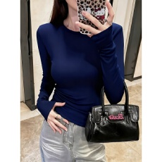 批发95棉春秋新款圆领长袖T恤打底衫女大码胖mm修身内搭纯色正肩上衣