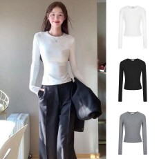 批发圆领修身短款长袖打底衫女正肩春秋紧身高级基础款<b class='q'>小衫</b>上衣