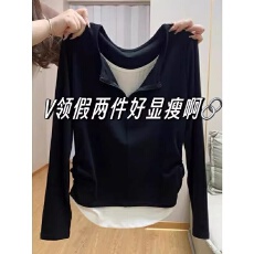 批发正肩长袖T恤<b class='q'>小衫</b>女2025早秋新款甜辣妹不规则设计感假两件上衣服