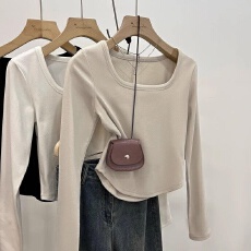 批发法式收腰正肩抓绒长袖<b class='q'>T</b><b class='q'>恤</b>女春秋冬内搭方领U领打底衫修身显瘦上衣