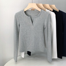 批发纯棉小V领修身长袖T恤女2025春秋新款正肩<b class='q'>打底衫</b>外穿上衣百搭