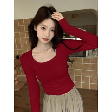 批发2025新款初秋正肩<b class='q'>紧身</b>长袖<b class='q'>t</b><b class='q'>恤</b>女内搭打底衫独特漂亮短款红色上衣