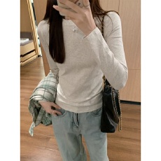 批发收腰圆领长袖<b class='q'>T</b><b class='q'>恤</b>女打底衫早秋内搭修身纯欲风辣妹<b class='q'>紧身</b>短款上衣ins