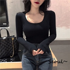 批发U领纯色百搭长袖上衣女<b class='q'>紧身</b>打底上衣内搭显瘦修身正肩体恤