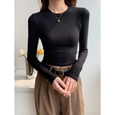 批发95棉春秋圆领长袖T恤打底衫女新款<b class='q'>大码</b>胖mm内搭纯色正肩修身上衣