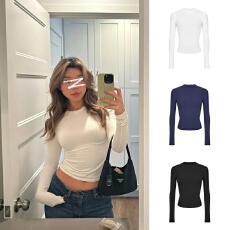 批发纯色长袖圆领打底<b class='q'>T</b><b class='q'>恤</b>短款显瘦内搭修身高领休闲<b class='q'>紧身</b>上衣