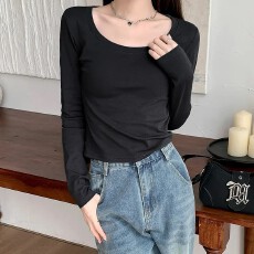 批发正肩U领长袖<b class='q'>T</b><b class='q'>恤</b>女早春新款修身显瘦打底衫小个子内搭<b class='q'>短款</b>上衣百搭