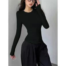 批发圆领修身<b class='q'>短款</b>长袖打底衫女正肩春秋紧身高级基础款小衫上衣