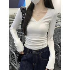 批发2025秋季简约设计感修身百搭T恤女韩版小个子气质V领修身<b class='q'>小衫</b>上衣