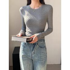 批发基础款小圆领正肩<b class='q'>长袖</b>T恤女2024新款秋季纯色打底衫内搭薄款上衣