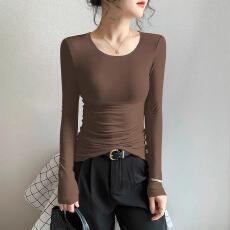 批发秋冬咖色圆领修身显瘦<b class='q'>长袖</b><b class='q'>T</b><b class='q'>恤</b>女百搭韩版辣妹穿搭打底上衣女潮