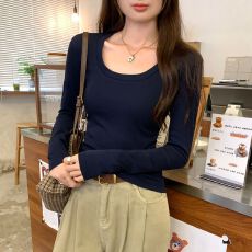 批发正肩U领长袖T恤女早春新款修身显瘦打底衫小个子内搭短款上衣百搭