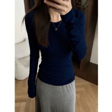 批发95棉春秋圆领长袖T恤打底衫女新款大码胖mm修身内搭正肩纯色上衣