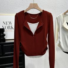 批发拼接撞色长袖t恤女假两件秋季新款时尚拉链设计<b class='q'>修身</b>显瘦打底上衣