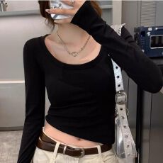 批发韩版大领口纯欲露锁骨正肩长袖<b class='q'>t</b><b class='q'>恤</b>女秋冬新款性感辣妹小个子上衣