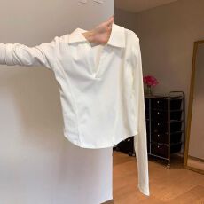 批发polo领正肩长袖t恤女2025新款秋冬季<b class='q'>修身</b>内搭打底衫短款鱼骨上衣