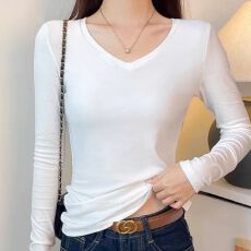 批发95棉v领长袖T恤打底衫女春秋季新款大码胖mm修身<b class='q'>百搭</b>内搭正肩上衣