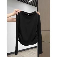 批发纯色褶皱收腰长袖T恤女正肩早<b class='q'>春</b>秋季短款修身内搭打底衫纯欲上衣