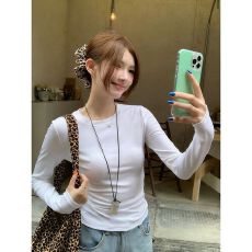 批发95棉春秋新款圆领长袖T恤打底衫<b class='q'>女</b><b class='q'>大码</b>胖mm修身内搭纯色正肩上衣