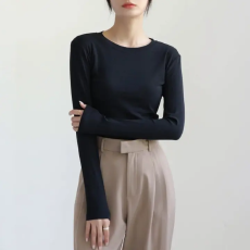 批发95棉圆领长袖T恤打底衫<b class='q'>女</b>春秋新款<b class='q'>大码</b>胖mm内搭修身纯色正肩上衣