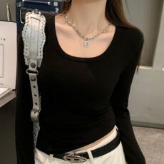 批发纯欲风低圆领打底衫女2025秋装新款内搭长袖t恤女修身正肩上衣潮