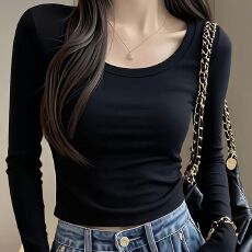 批发秋冬款修身短款t恤女辣妹百搭U领打底衫长袖内搭纯色体恤上衣ins