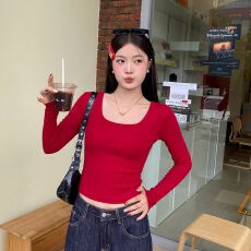 批发U领长袖t恤女纯棉设计感辣妹内搭修身短款打底衫正肩体恤上衣