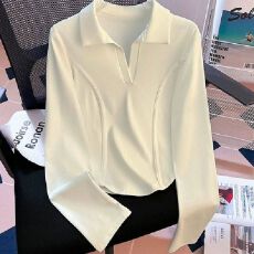 批发灰色正肩修身polo领长袖t恤女秋冬爆款短款内搭打底衫甜酷上衣潮