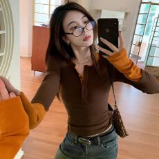 批发拼色假两件小众长袖打底衫女秋冬高级感美式减龄内搭显瘦chic上衣