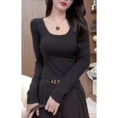 纯棉u领长袖t恤女春秋季新款修身显瘦短款内搭打底衫高级感上衣女