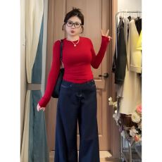 批发大码辣妹掐腰正肩红色<b class='q'>长袖</b><b class='q'>t</b><b class='q'>恤</b>女秋冬新款胖mm修身显瘦超好看上衣