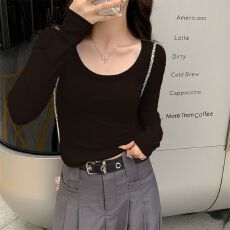 批发<b class='q'>长袖</b><b class='q'>T</b><b class='q'>恤</b>女春秋新款大圆领修身显瘦小个子短款内搭秋冬上衣打底衫