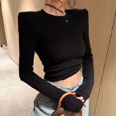批发纯色圆领内搭打底衫长袖T恤女2025秋季新款时尚<b class='q'>修身</b>辣妹短款上衣