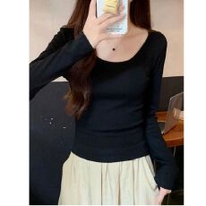 批发简约u领正肩内搭长袖打底衫女2025春秋<b class='q'>修身</b>甜辣T恤白色短上衣