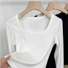 批发2025春秋季抓绒打底衫女chic复古<b class='q'>修身</b>显瘦上衣内搭长袖u型领小衫