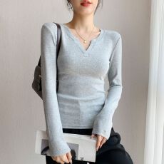 批发打底衫女内搭2025秋冬V领长袖正肩t恤<b class='q'>修身</b>小众设计感上衣春秋