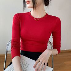 批发圆领纯色长袖T恤女2025春秋季内搭正肩上衣<b class='q'>修身</b>简约打底衫