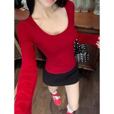 批发纯欲风U领打底上衣女秋韩版<b class='q'>修身</b>显瘦内搭外穿长袖