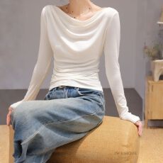 批发新款穿搭早春黑色长袖性感<b class='q'>一字肩</b>褶皱T恤女秋冬新款收腰<b class='q'>上衣</b>