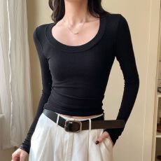 批发2025春秋冬季紧身低领U领打底衫正肩内搭<b class='q'>修身</b>漫画腰上衣长袖t恤女