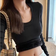 批发红色复古U领长袖t恤女冬季内搭2025新款<b class='q'>加绒</b>加厚保暖<b class='q'>打底衫</b>小上衣